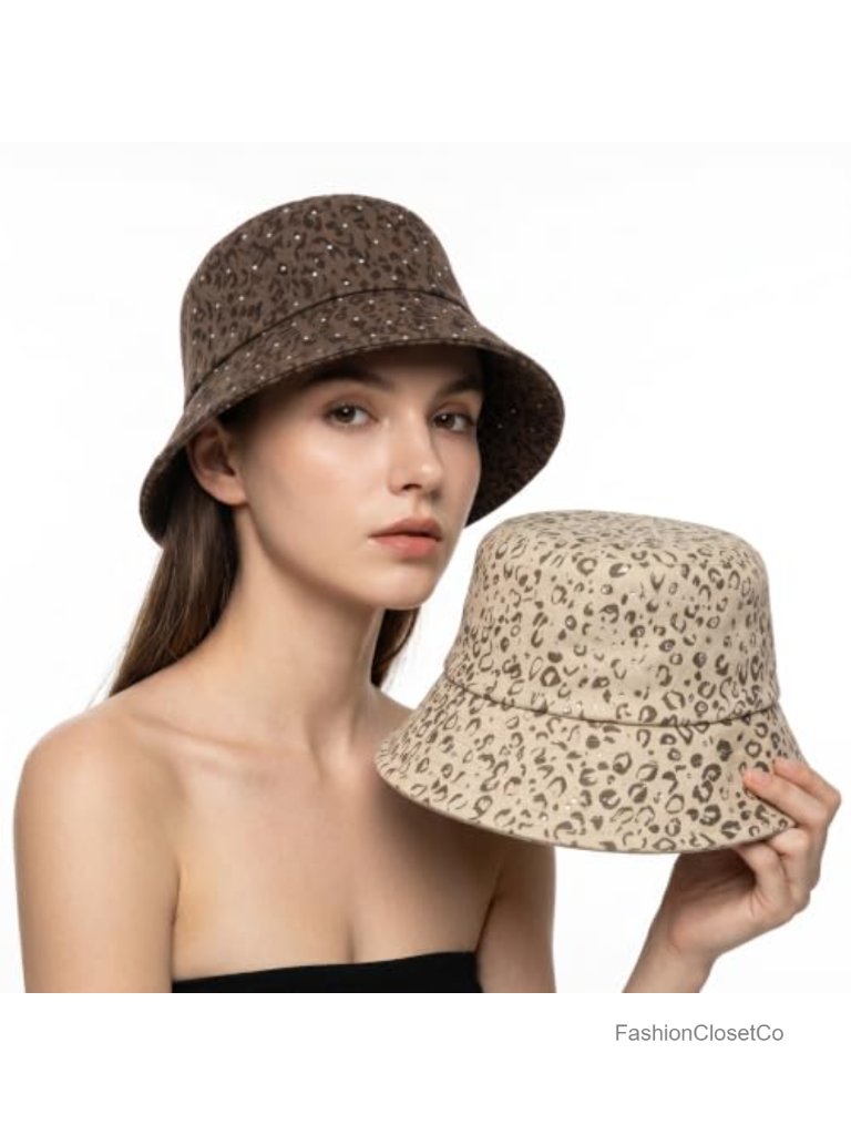 Leopard Print Bucket Hat 2 Pack, Bling Rhinestone Wide Brim Foldable Fisherman